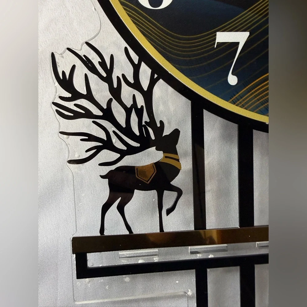 Gold & Blue Pendulums Wall Clock W/Rustic Deer Accents 29 in x 15 in- NIB